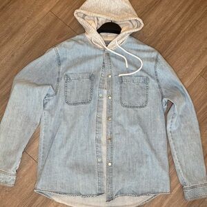 Men's Light Blue Denim Shirt Jacket with Hood